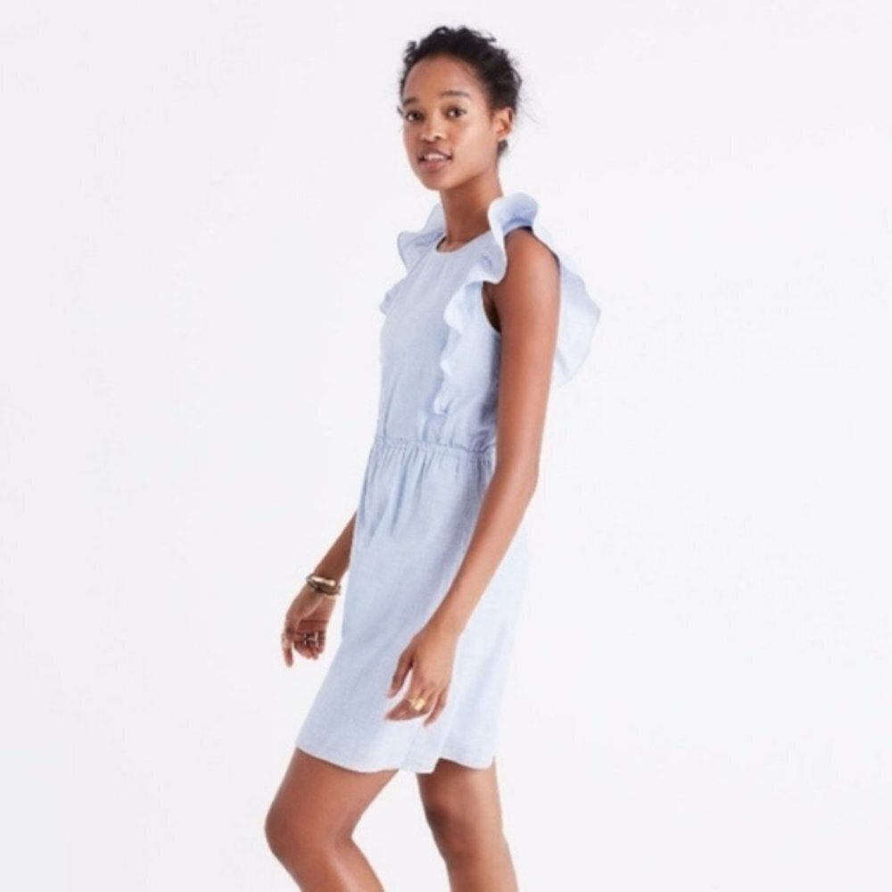 Madewell Bellflower Ruffle Back Button Blue Dress Cotton Cottagecore Coastal 12
